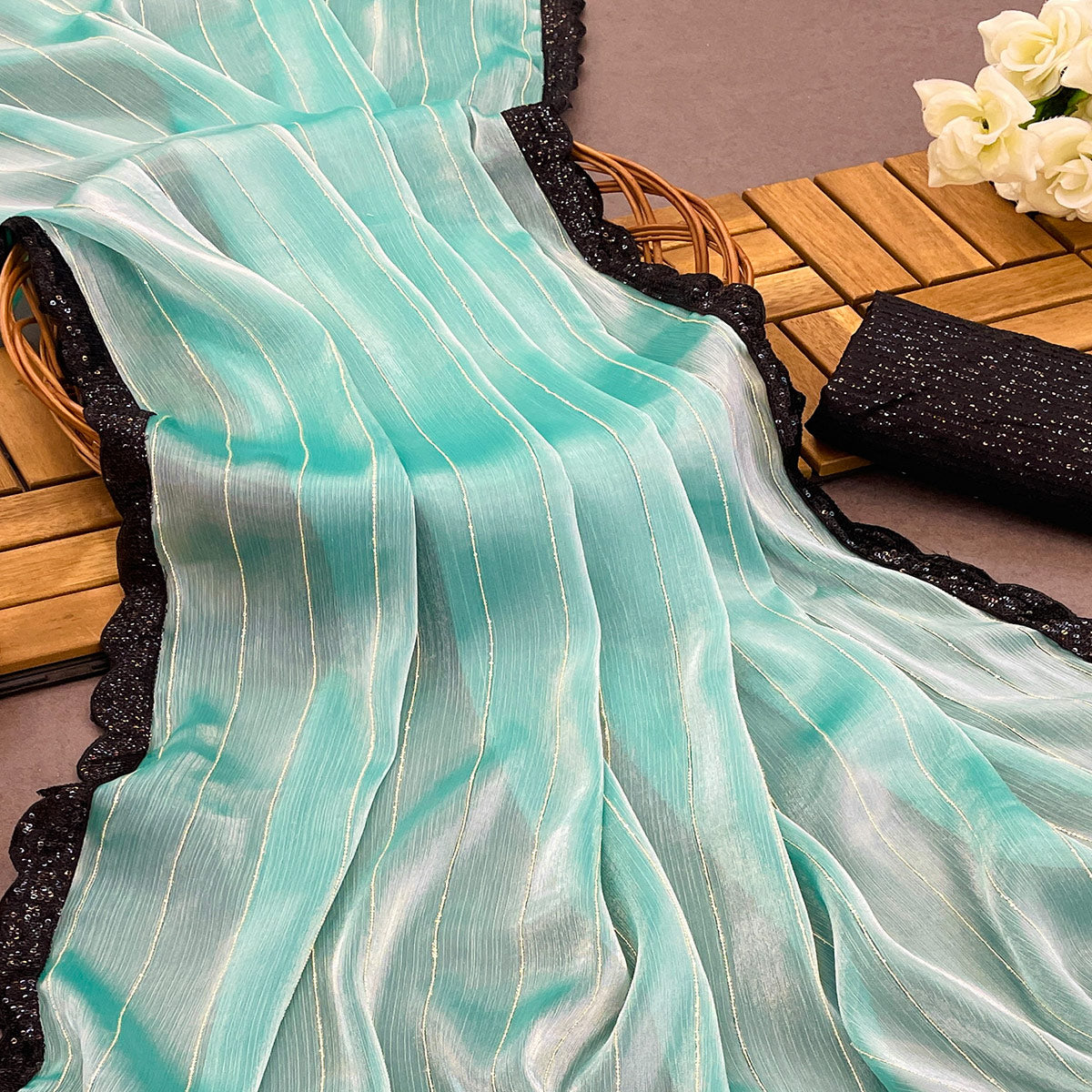 Turquoise Sequins Embroidered Chiffon Saree