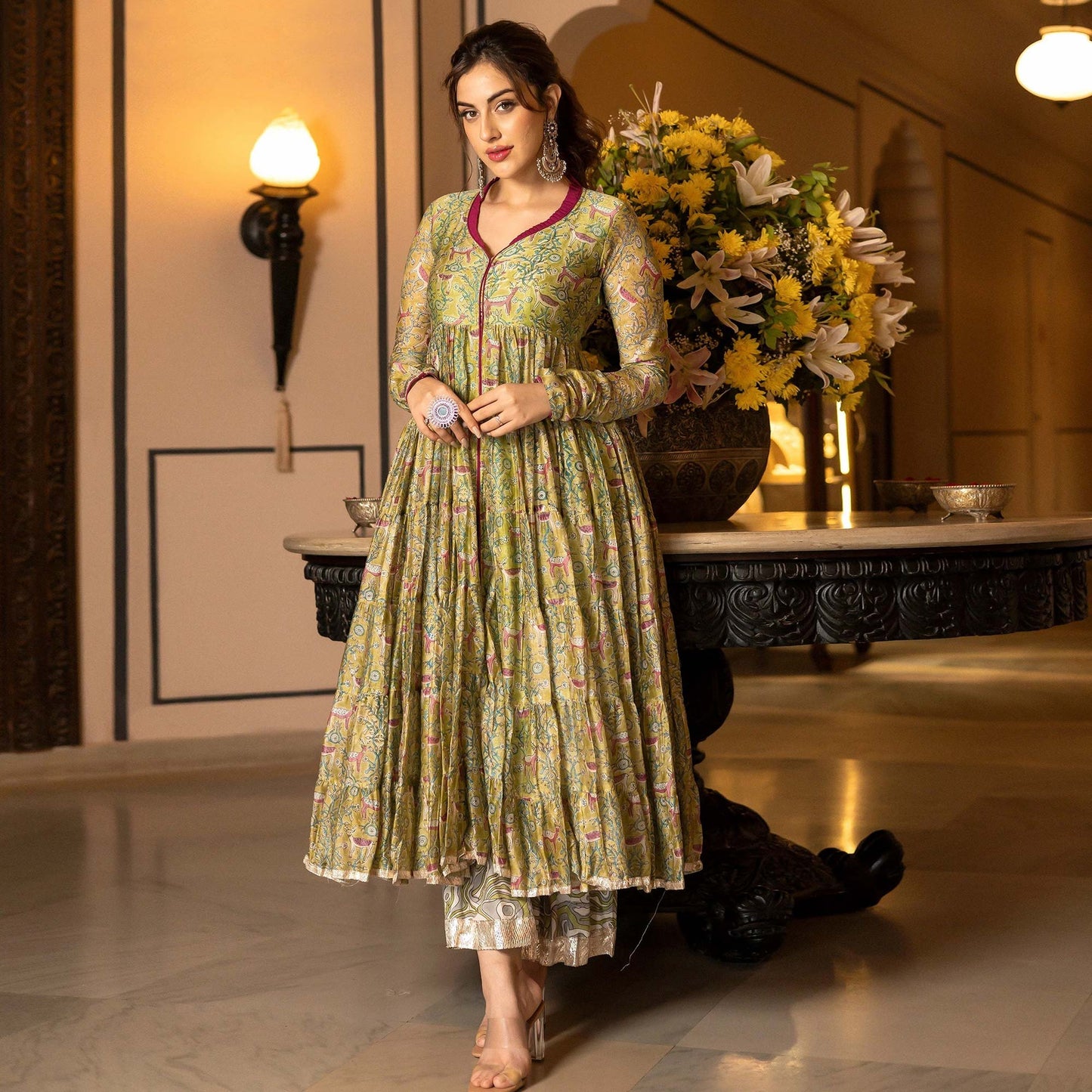 Mahendi Green Floral Digital Printed Chanderi Anarkali Style Suit