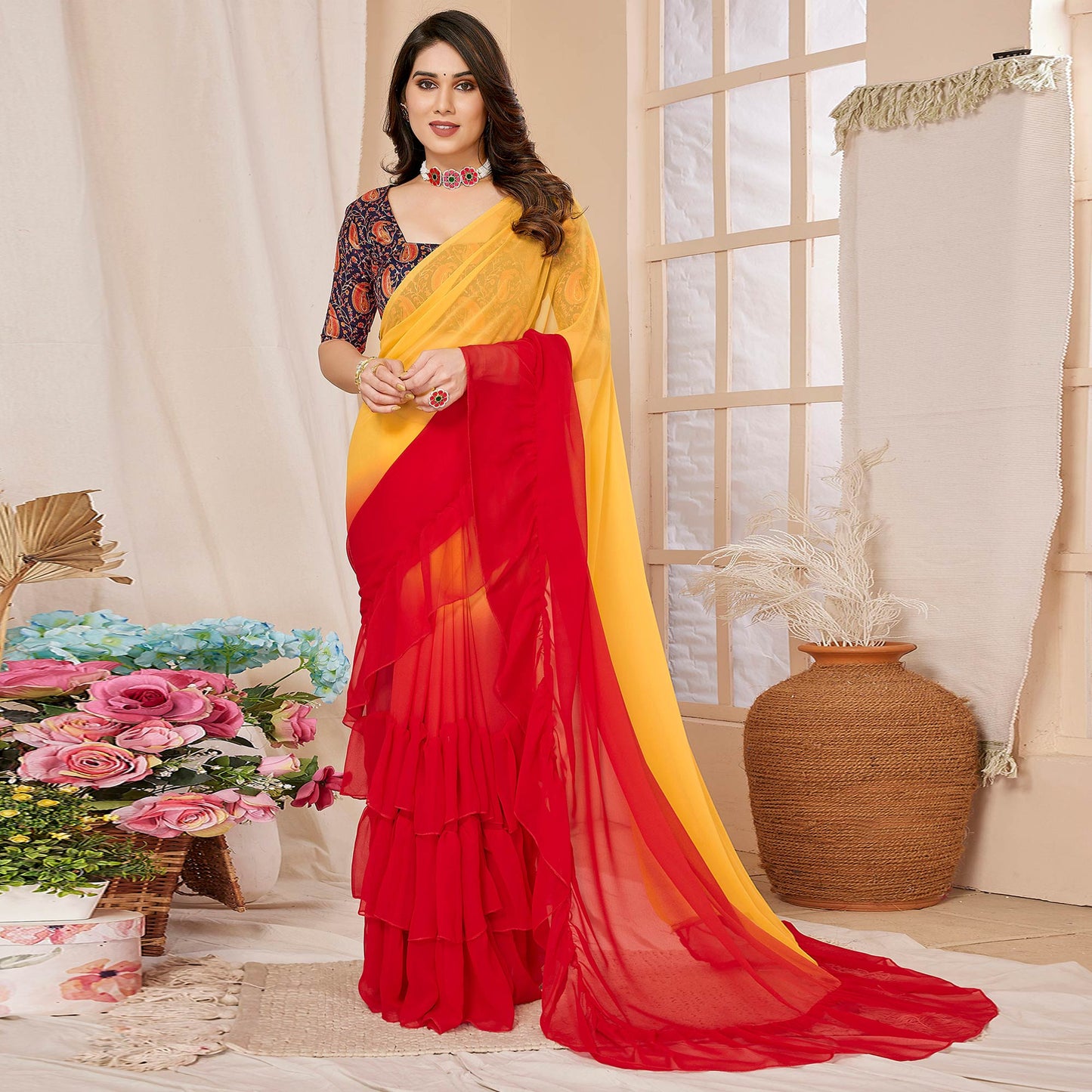 Red & Yellow Ombre Printed Georgette Ruffle Saree