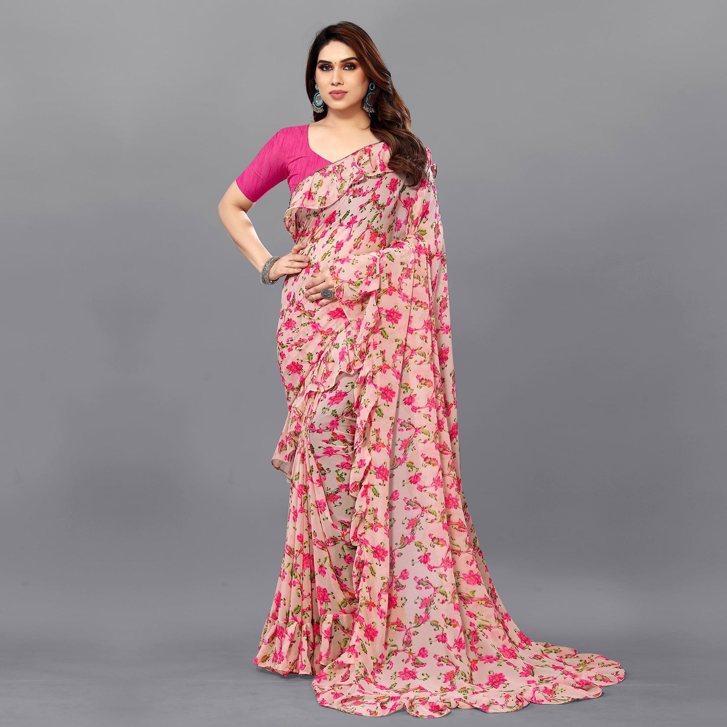 Peach Floral Printed Georgette Saree