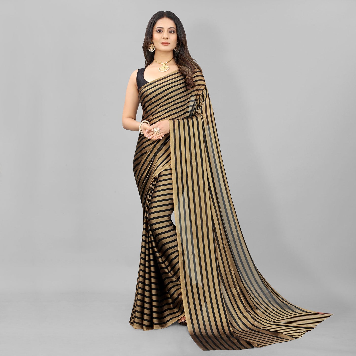 Gold Striped Printed Art Silk Saree