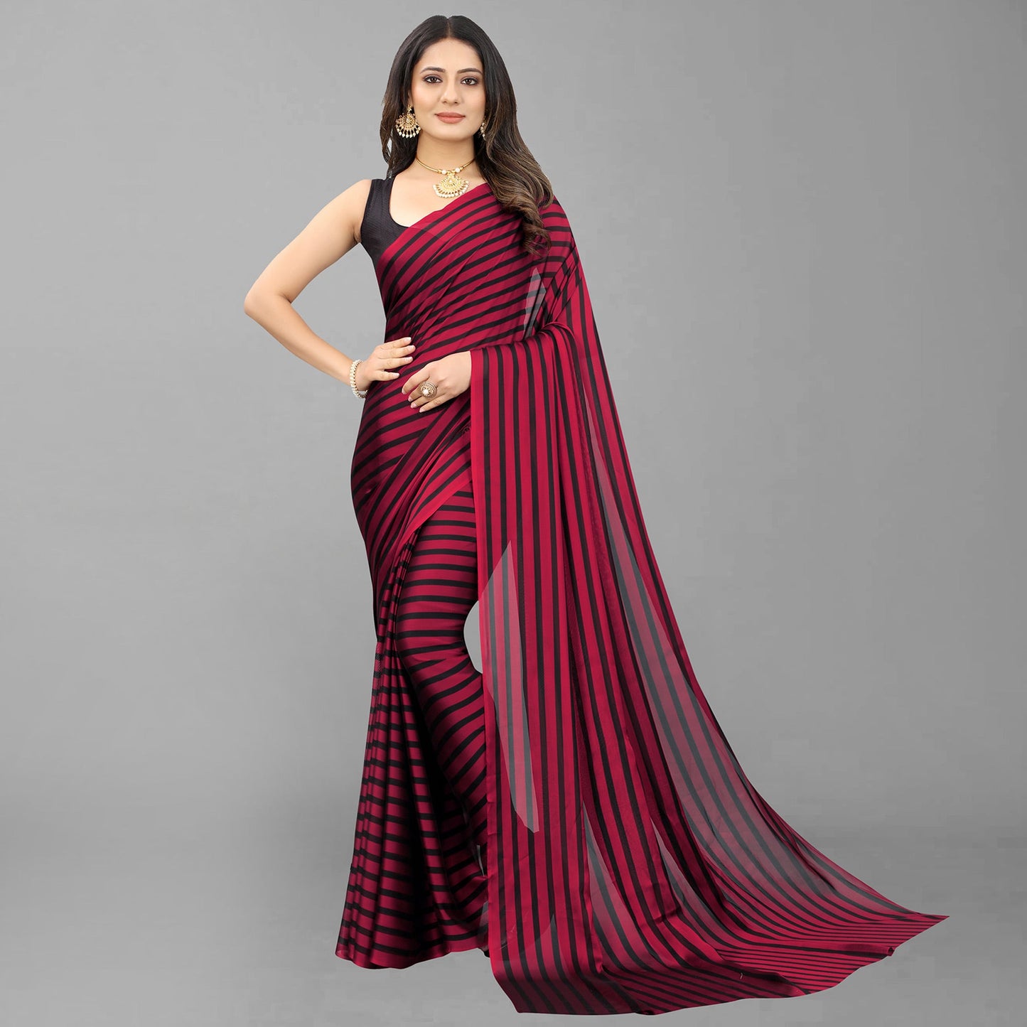 Red Striped Printed Art Silk Saree