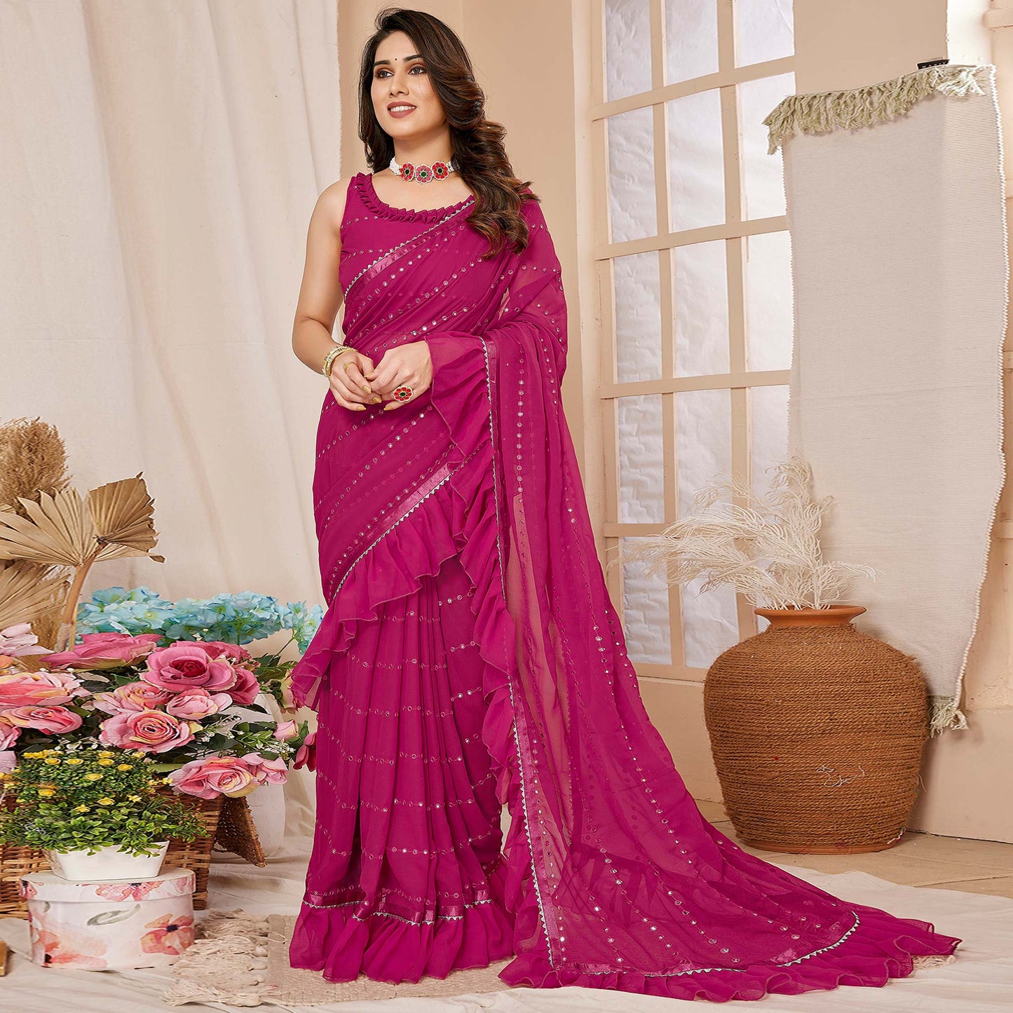 Pink Embroidered Georgette Ruffle Saree