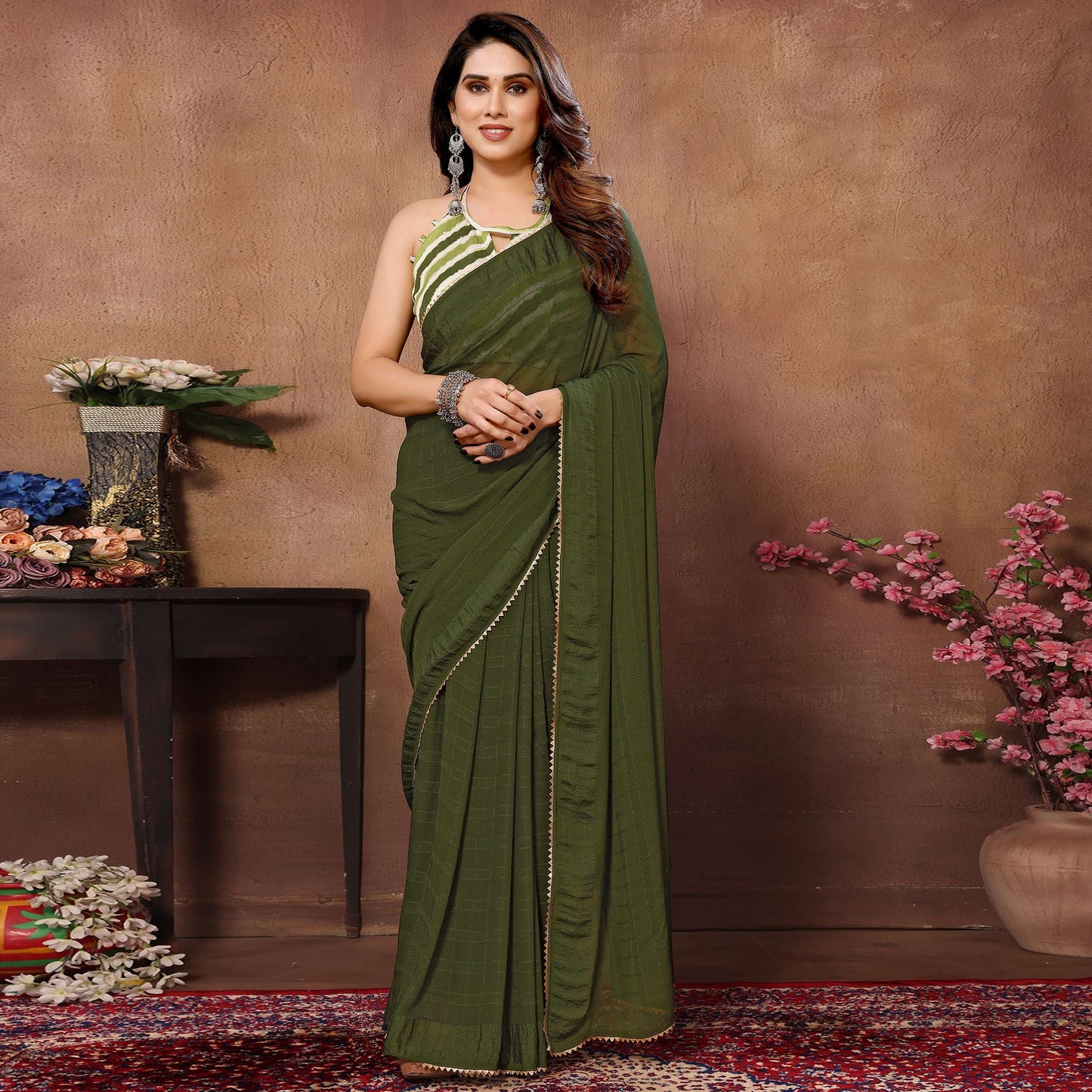 Green Woven Checks Ready To Wear Georgette Saree