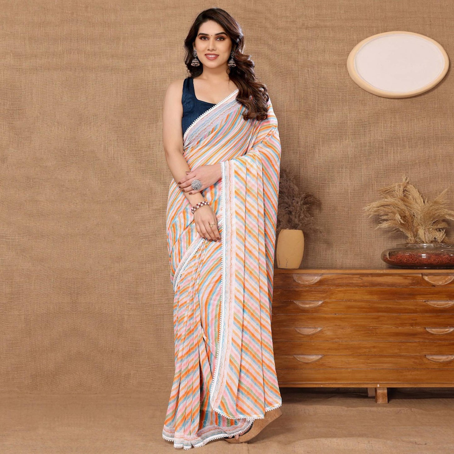 White & Orange Striped Printed Ready To Wear Georgette Saree