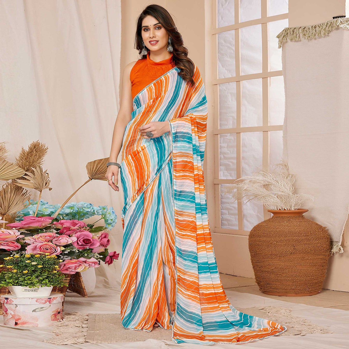 Orange & Sky Blue Printed Ready To Wear Georgette Saree