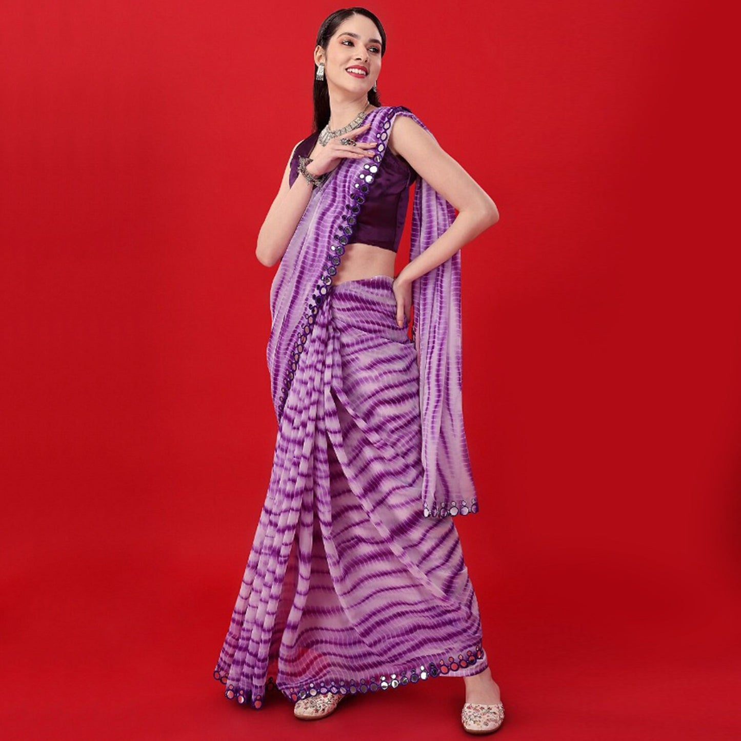 Purple Printed With Embroidered Border Georgette Saree