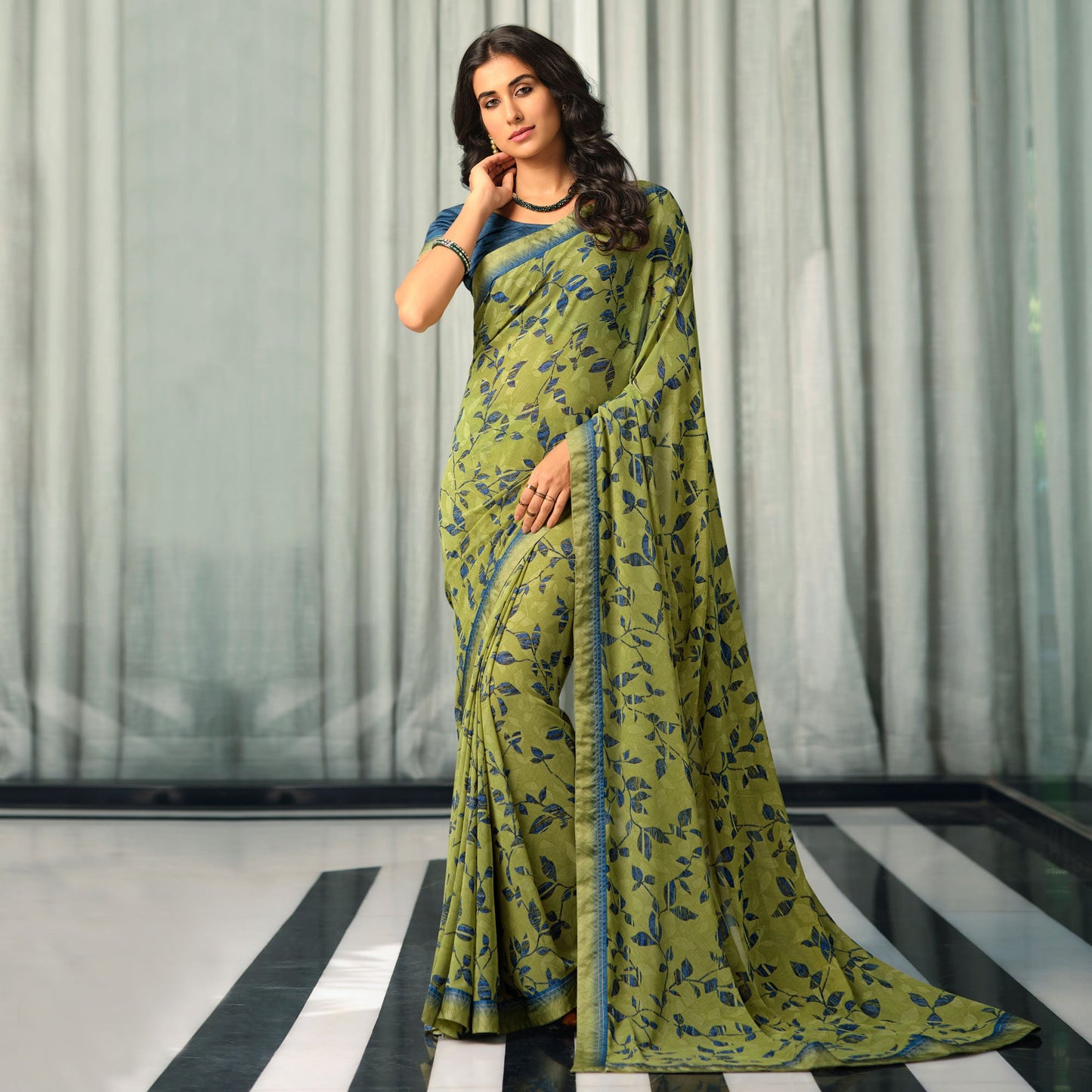 Mehendi Green Floral Printed Georgette Saree