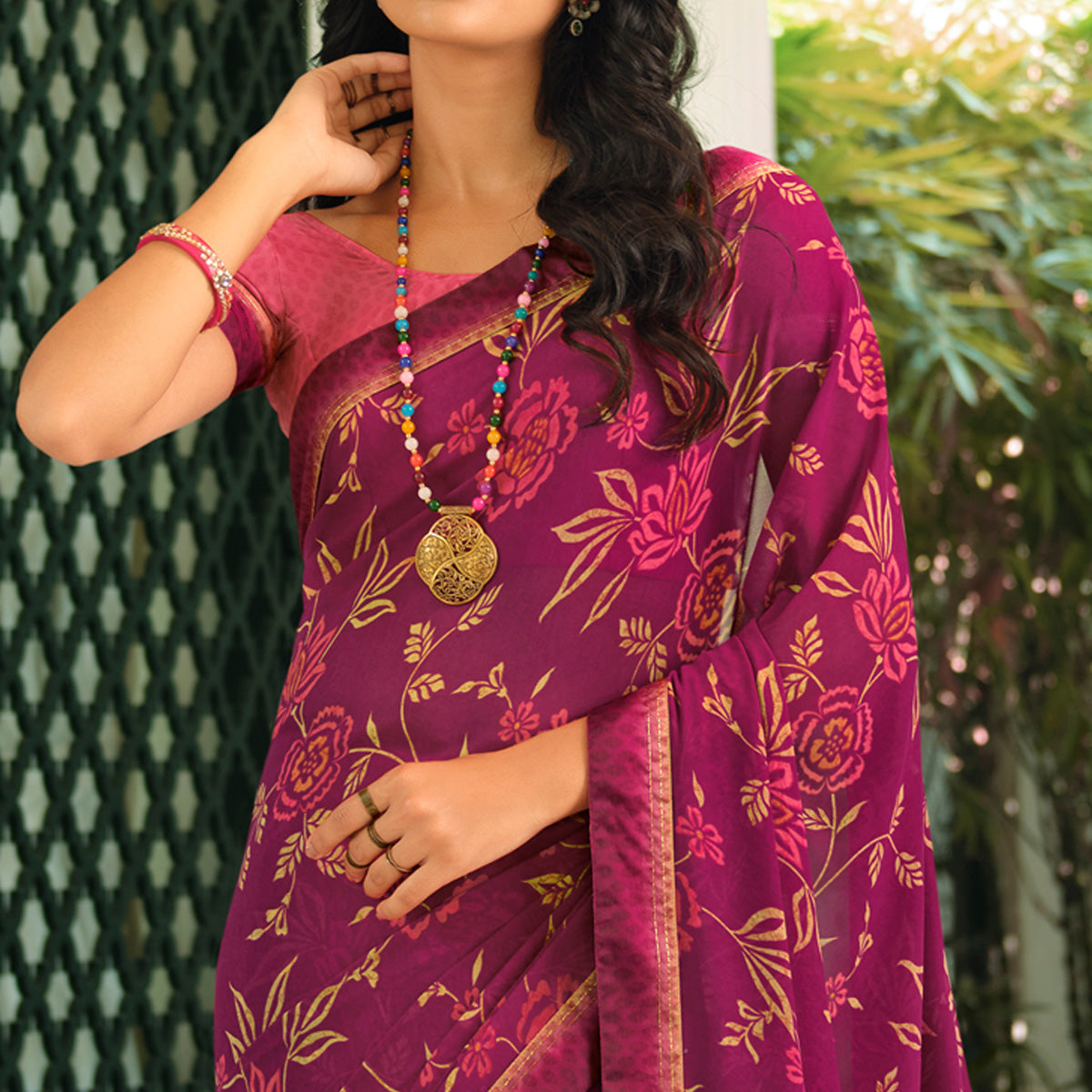 Purple Floral Printed Georgette Saree