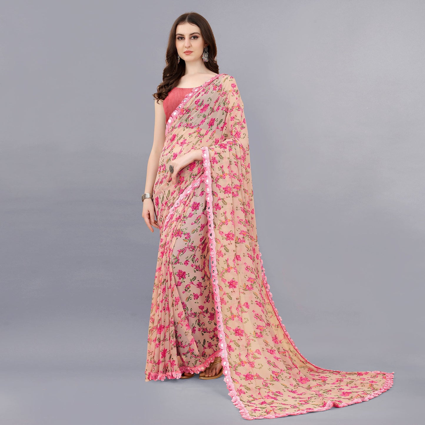 Pink Floral Printed Georgette Saree