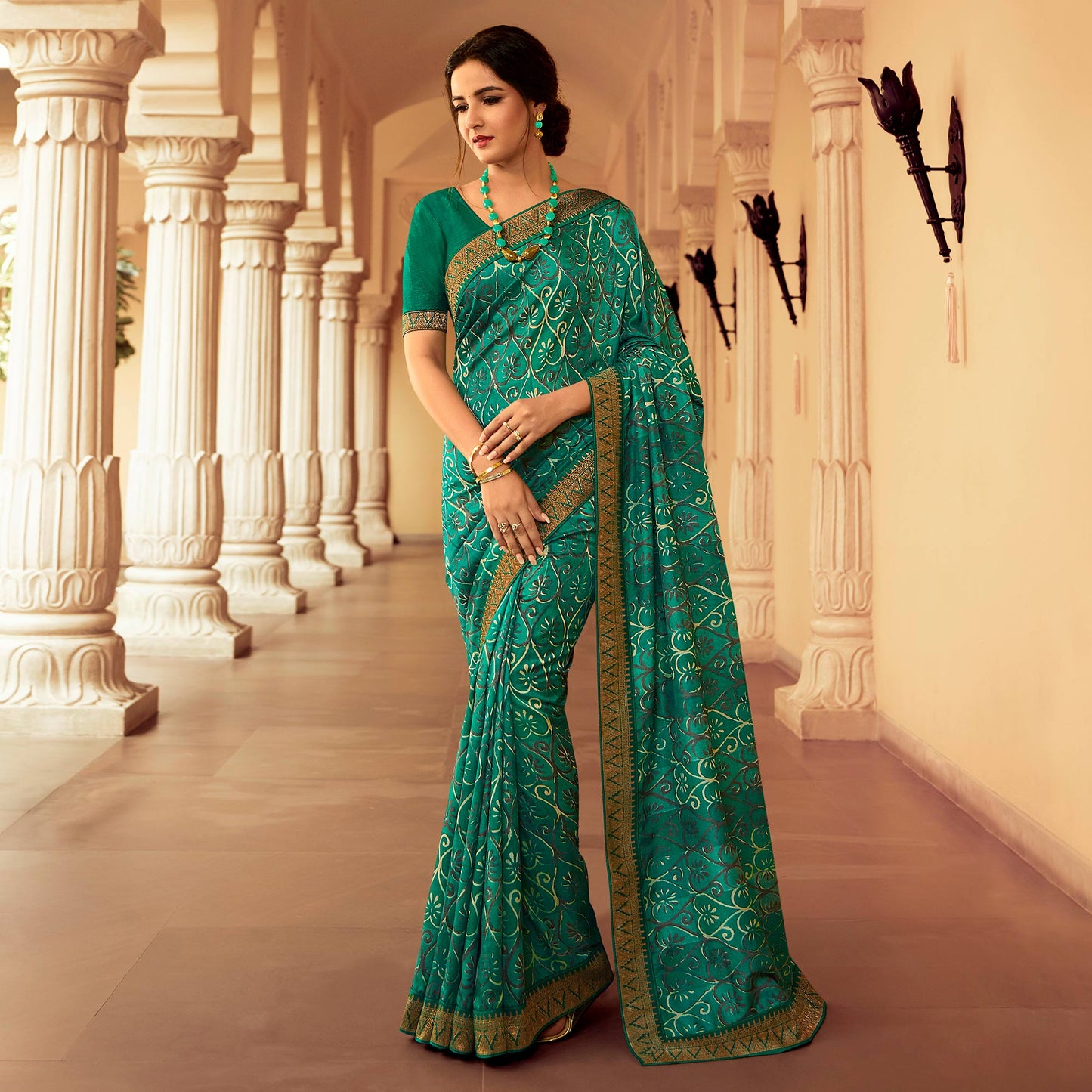 Rama Green Printed Art Silk Saree