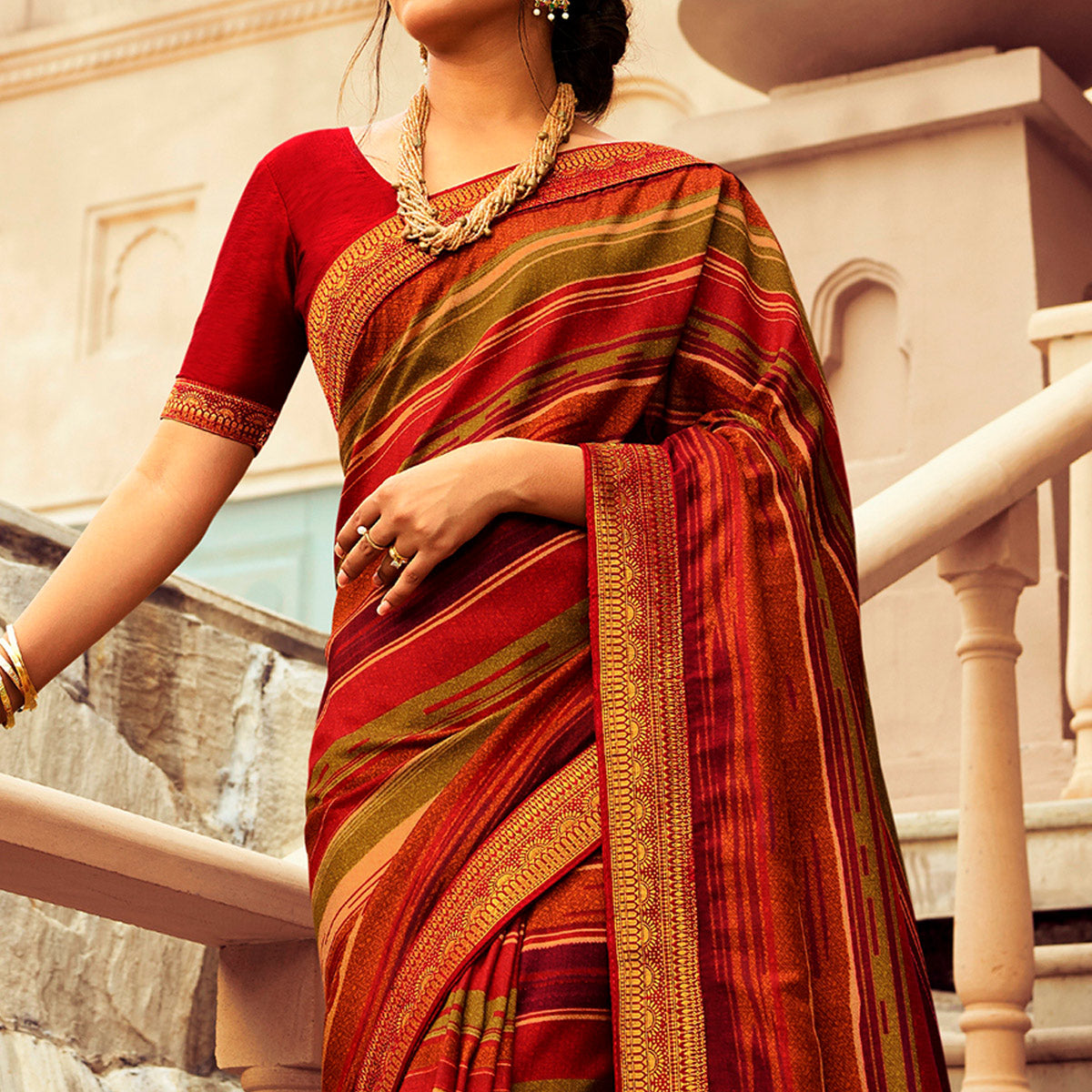 Red Printed Art Silk Saree