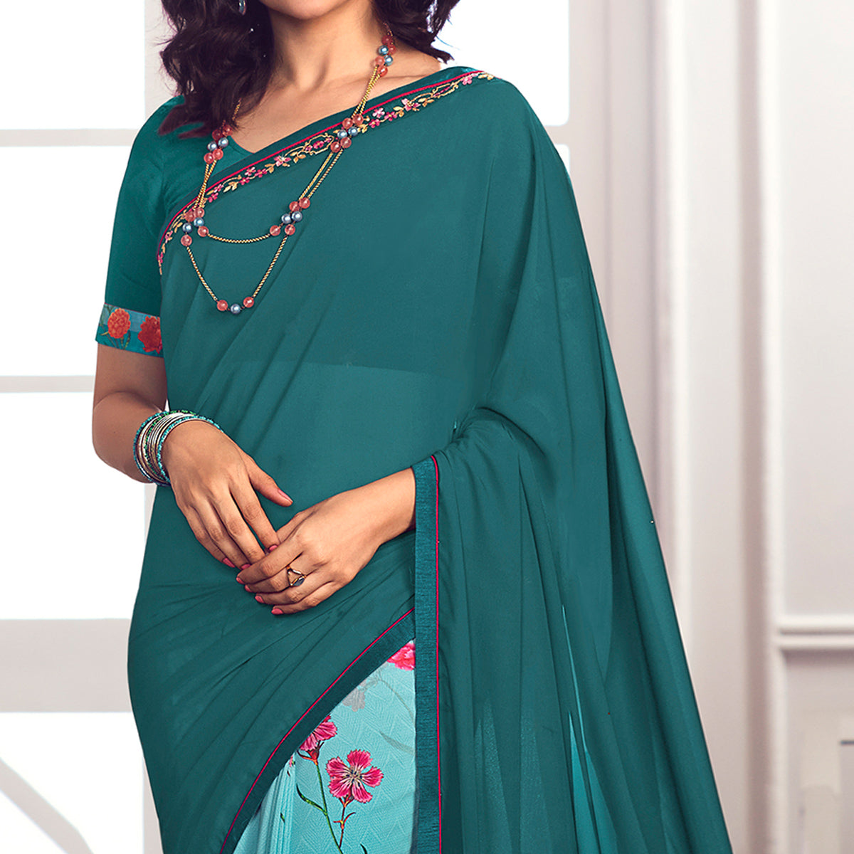 Teal Green Floral Printed Georgette Saree