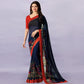 Navy Blue & Red Floral Printed Georgette Saree