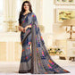 Grey & Blue Printed Georgette Saree With Lace Border