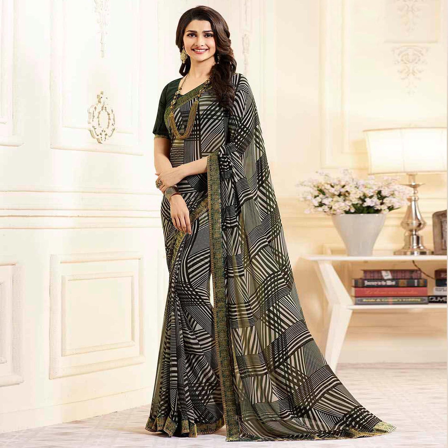 Mehandi Green Printed Georgette Saree With Lace Border