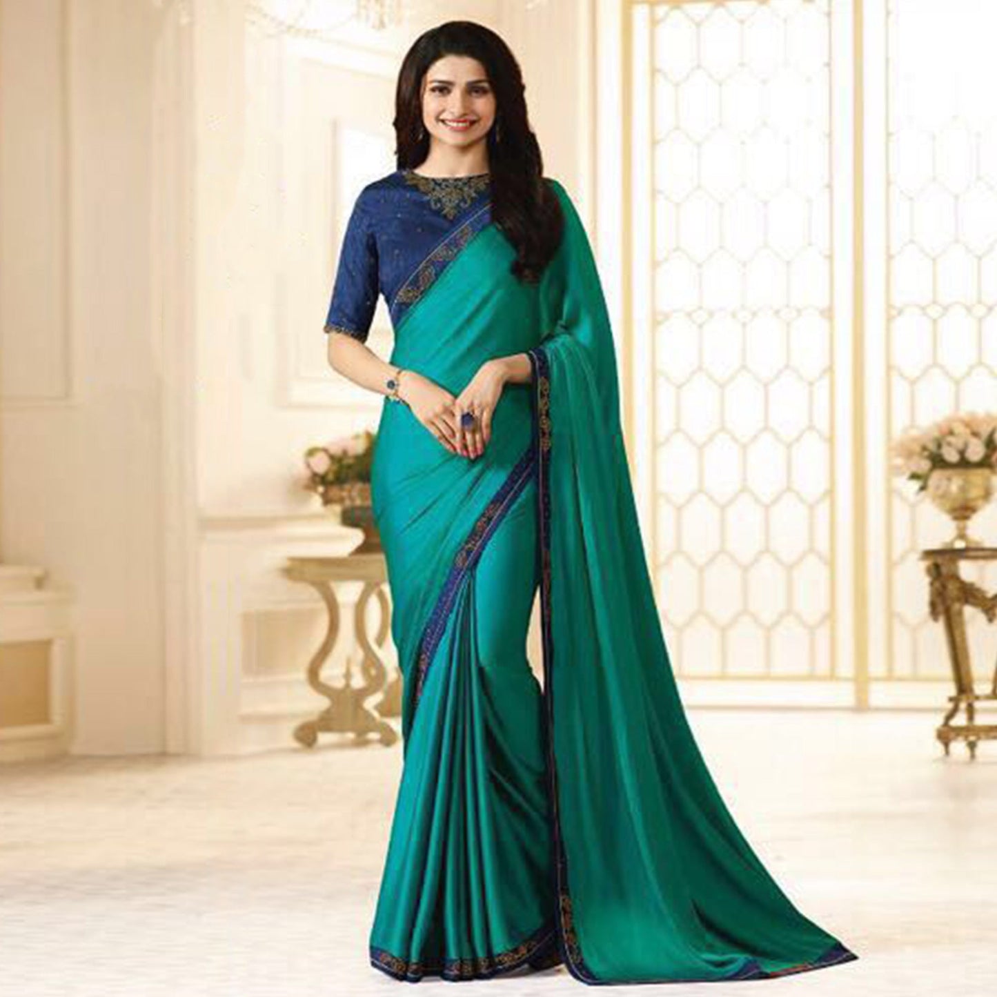 Aqua Green Swarovski Work Art Silk Saree