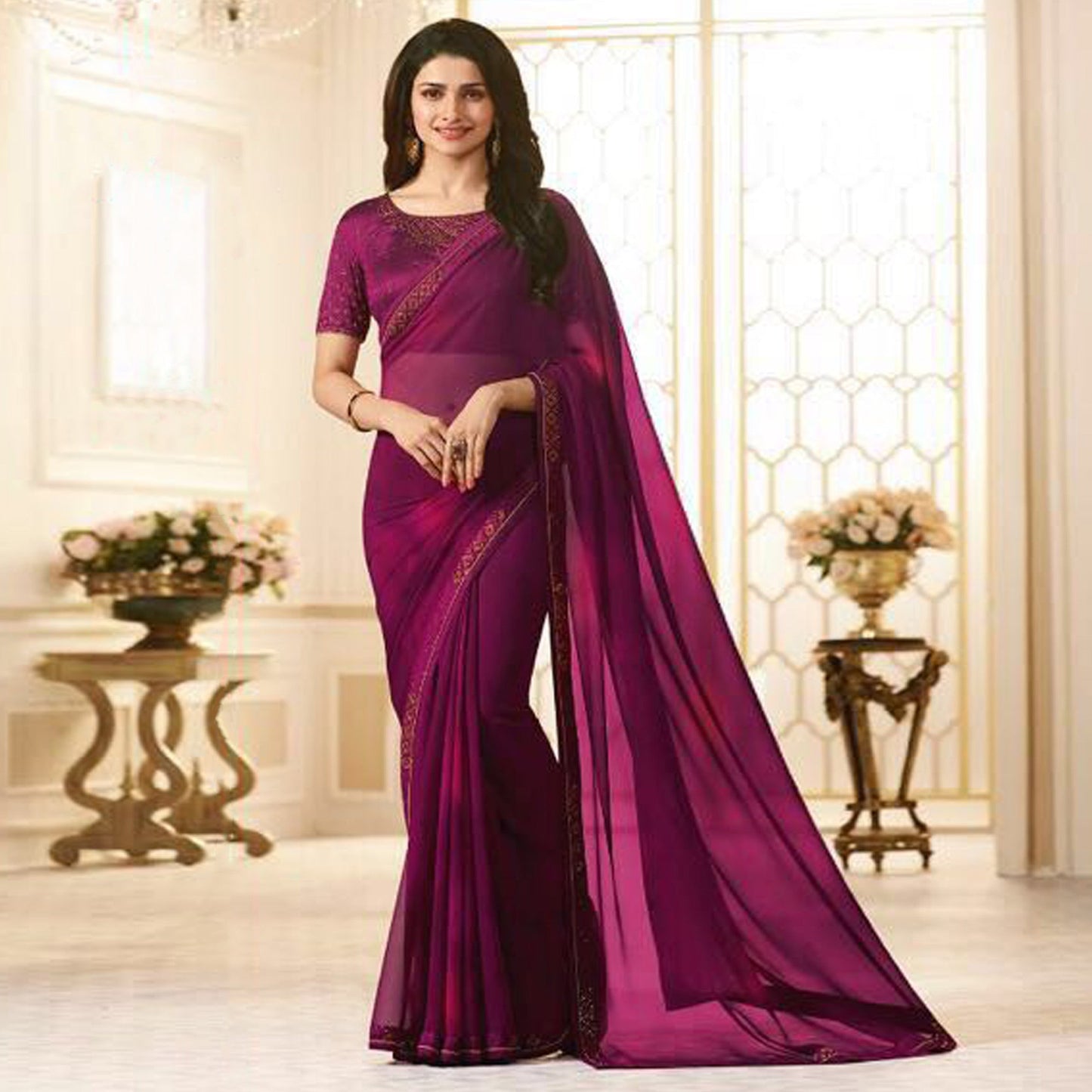 Purple Swarovski Work Georgette Saree