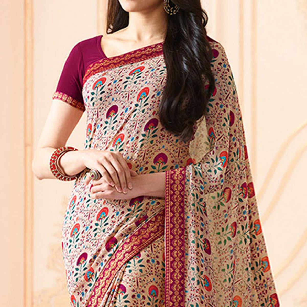 Beige Floral Printed Georgette Saree With Lace Border