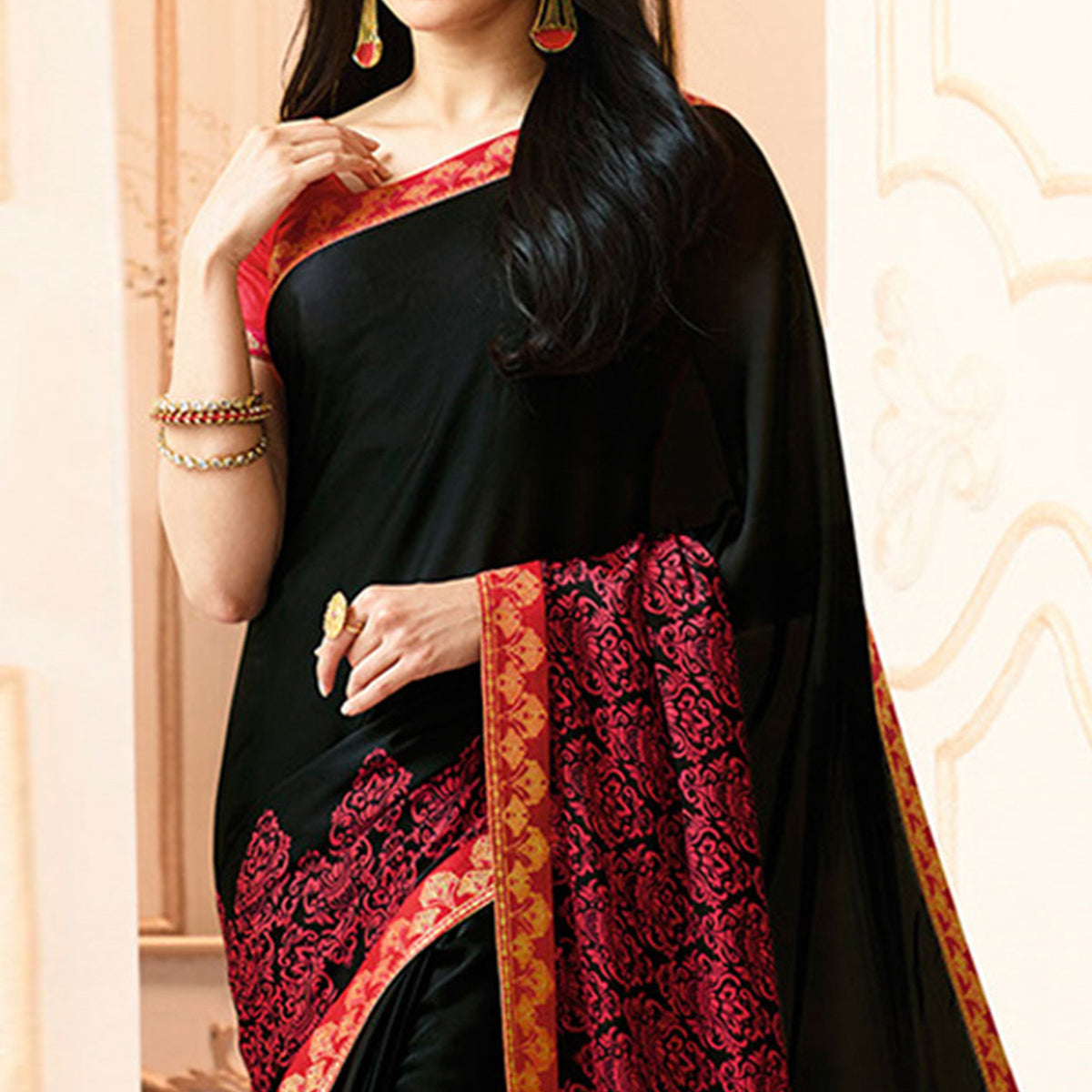 Black Printed Art Silk Saree With Lace Border