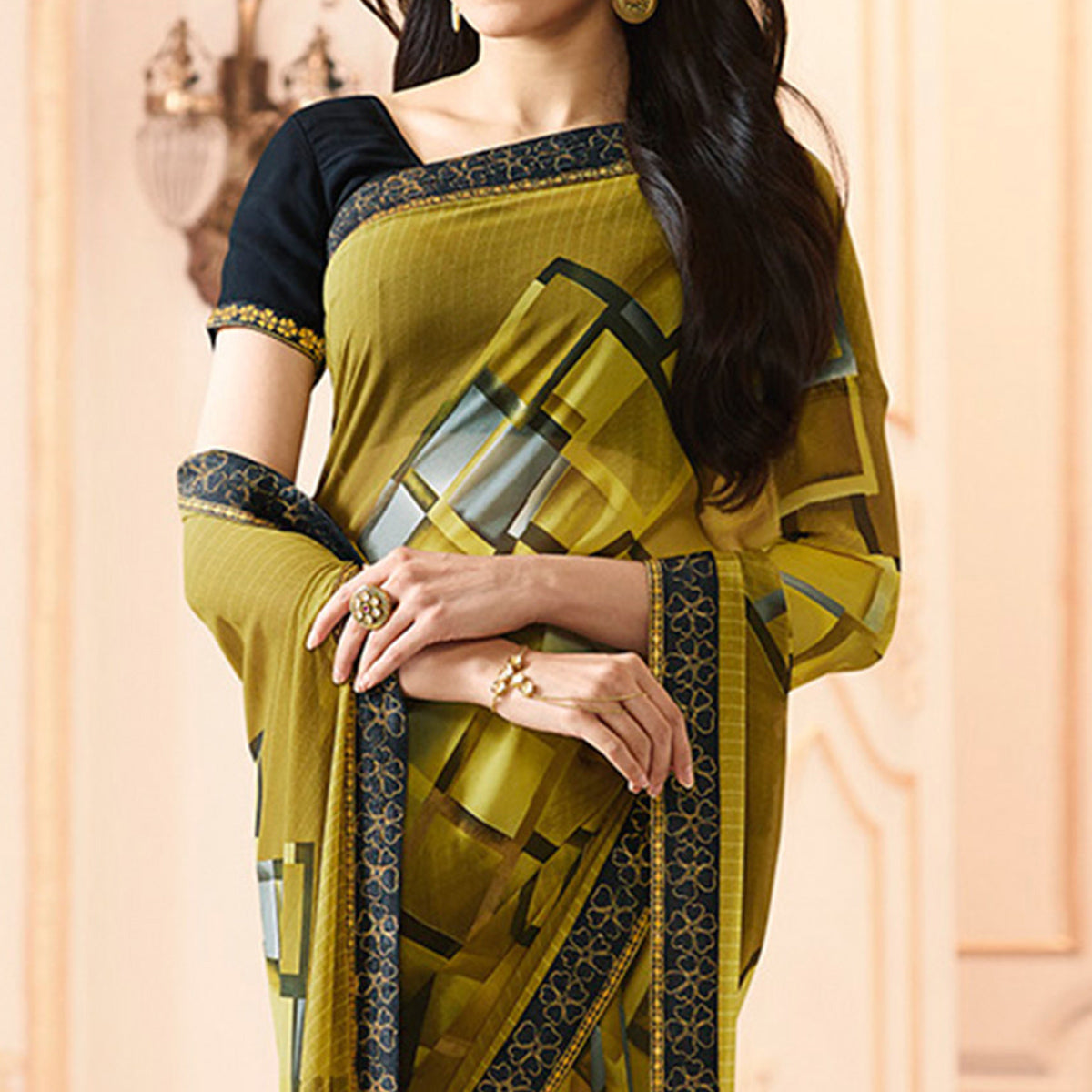 Mehendi Green Printed Georgette Saree With Lace Border