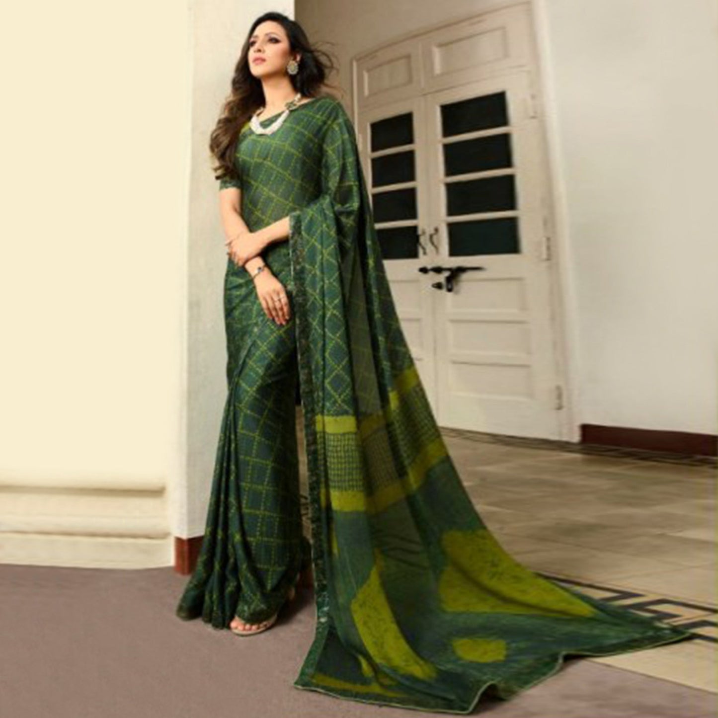 Green Printed Art Silk Saree With Lace Border