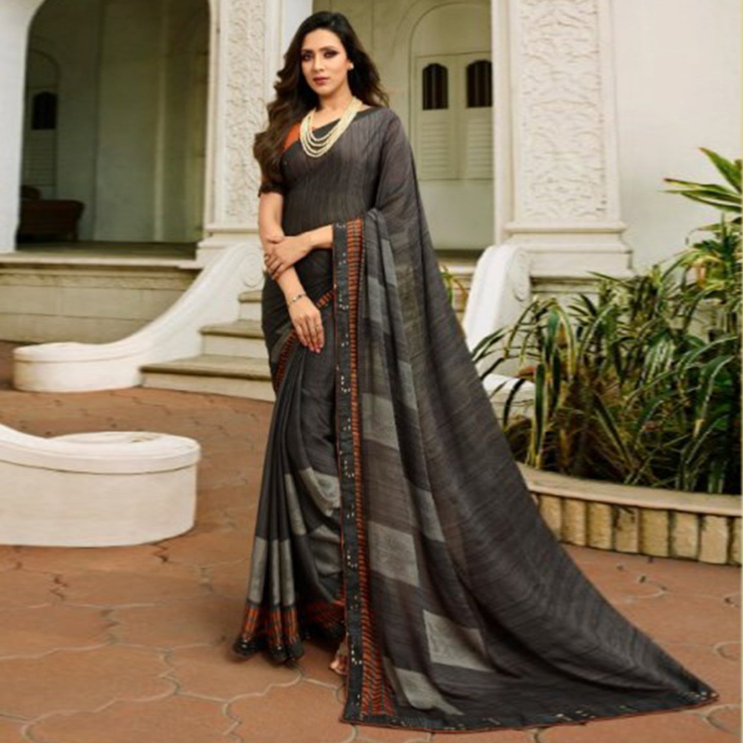 Grey Printed Art Silk Saree With Lace Border