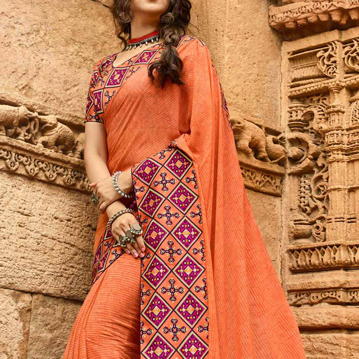 Orange Printed Georgette Saree With Lace Border