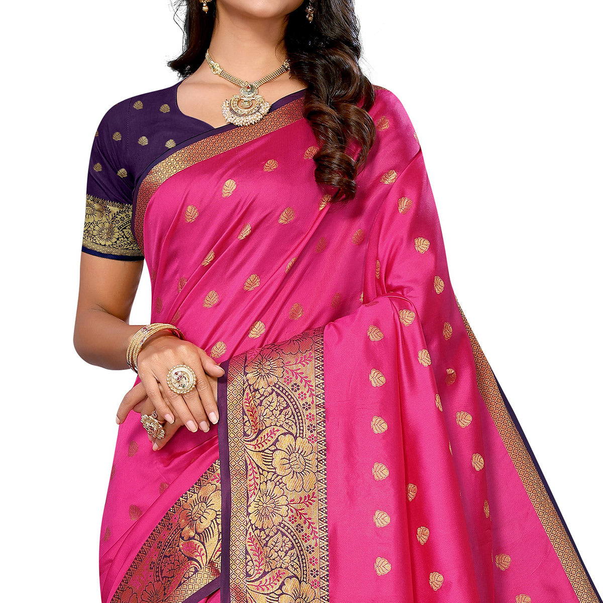 Rani Pink Woven Banarasi Silk Saree