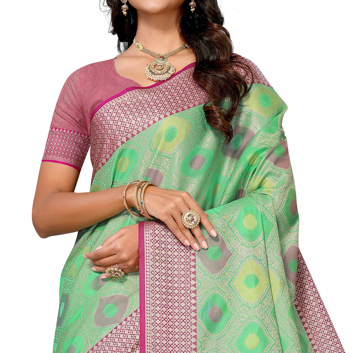 Parrot Green Woven Banarasi Silk Saree