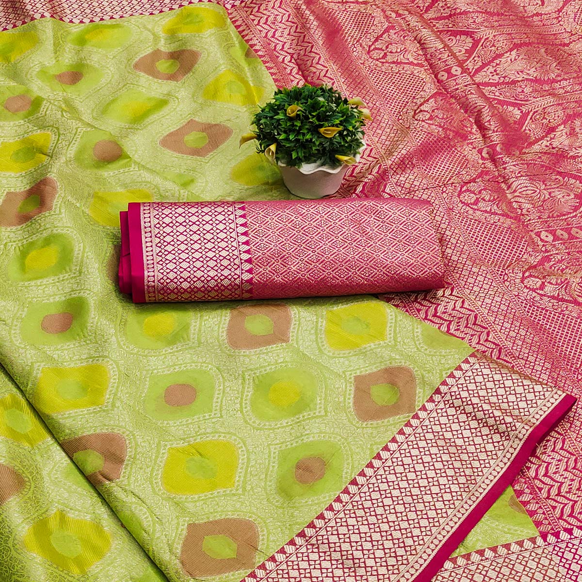 Lemon Green Woven Banarasi Silk Saree