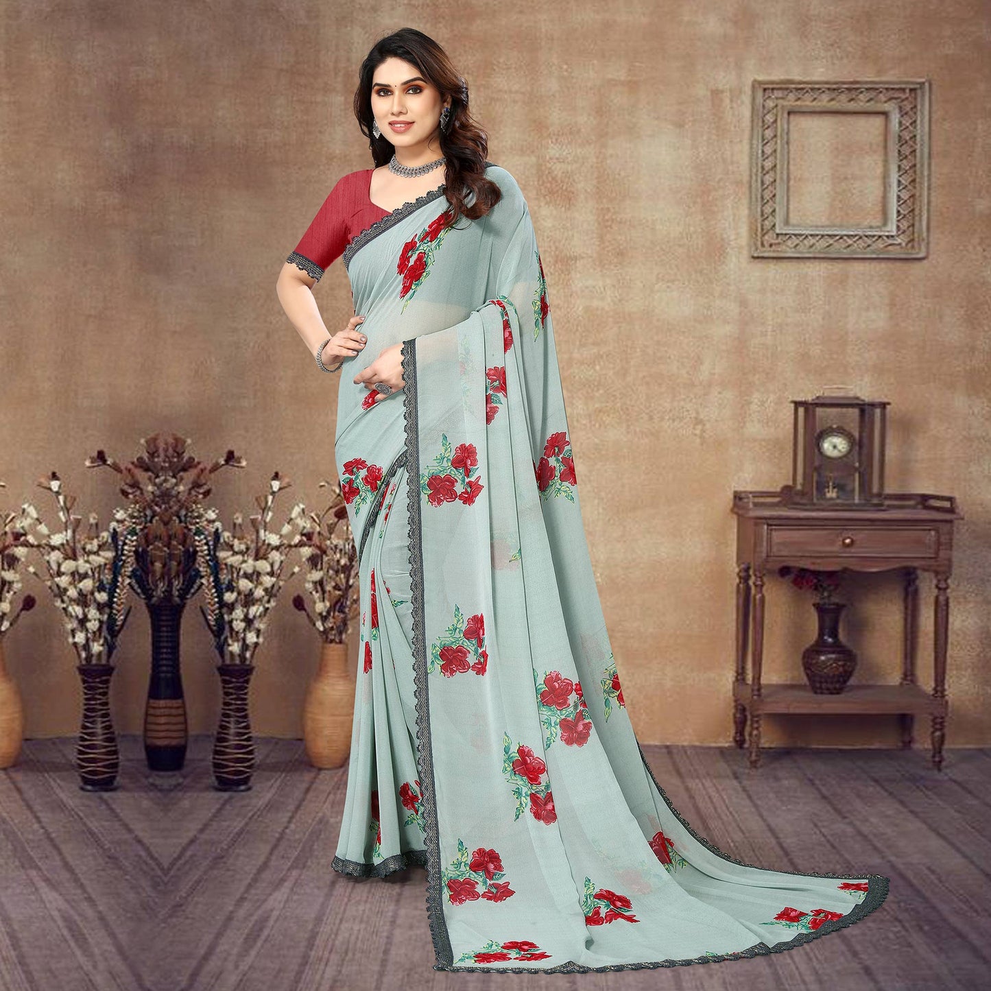 Grey Floral Printed Georgette Saree With Lace Border