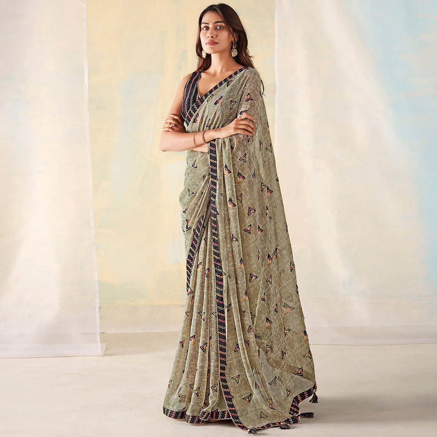 Dark Tan Geometric Printed Georgette Saree With Lace Border