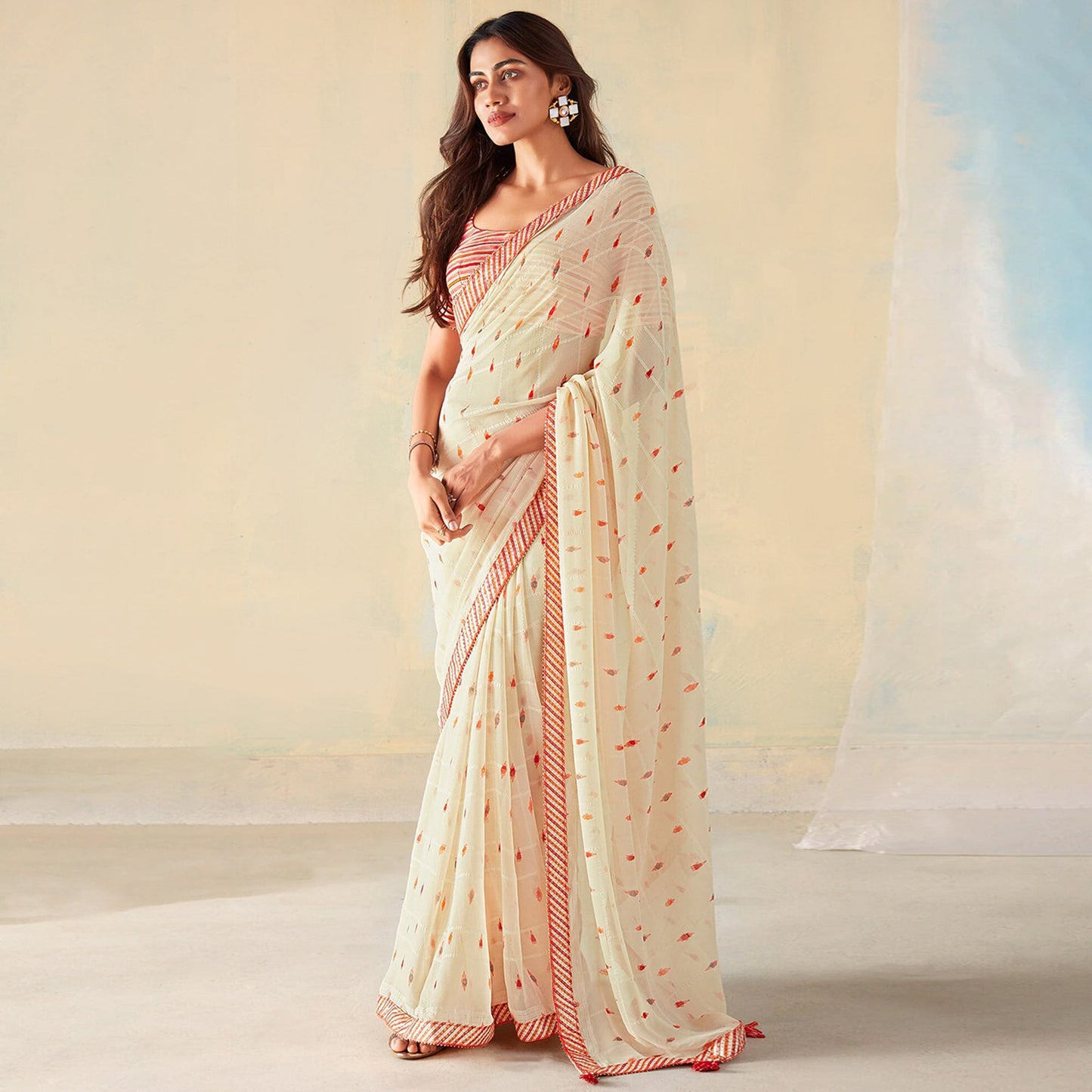 Cream Woven With Digital Printed Georgette Saree