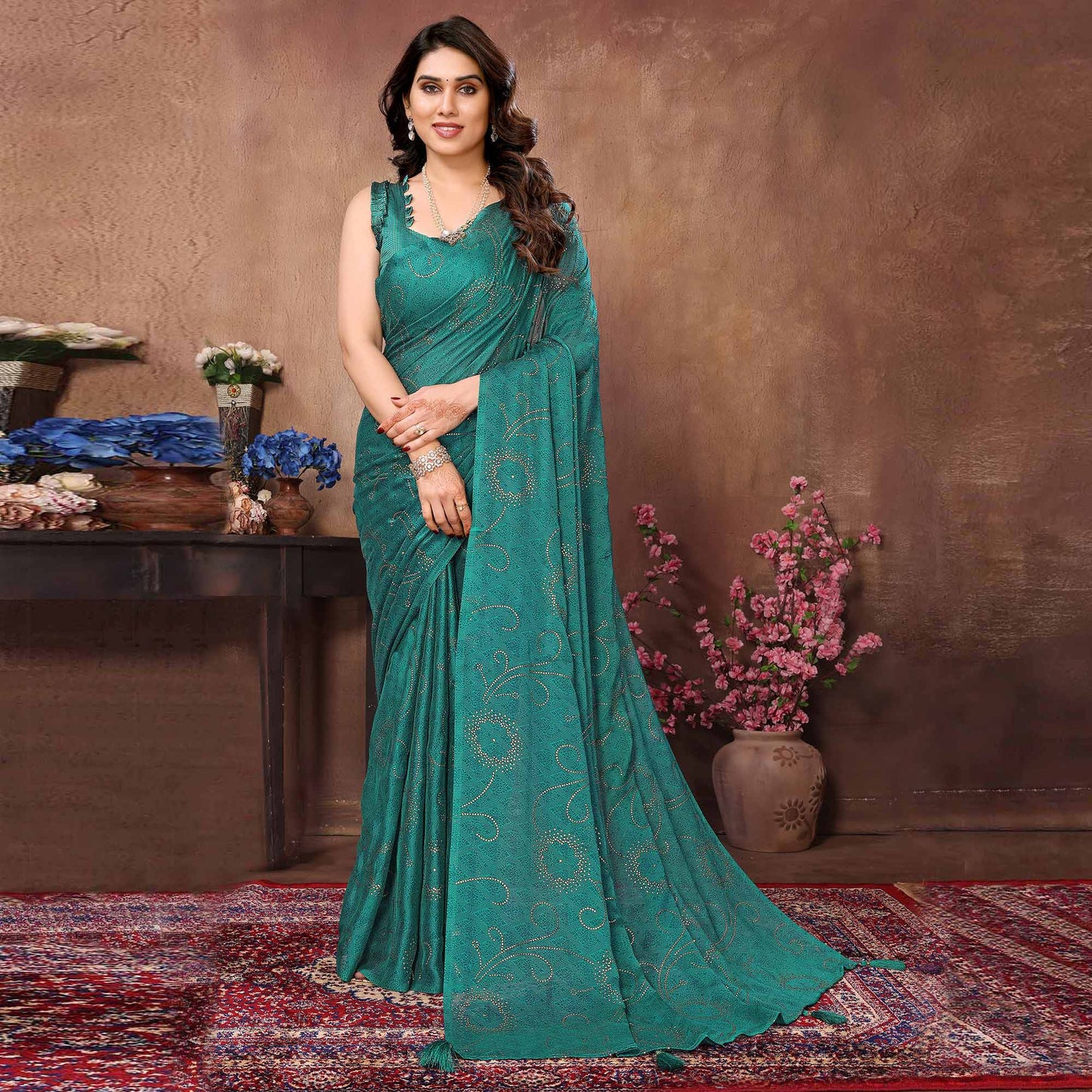 Rama Green Mukaish With Foil Printed Silk Saree With Tassels