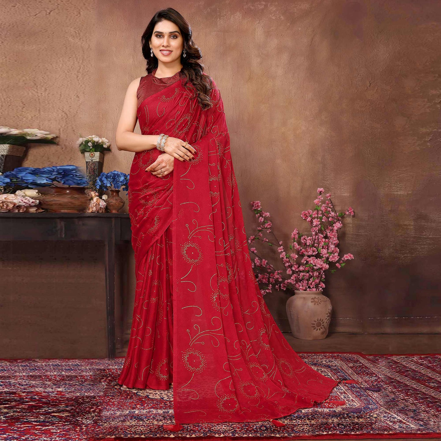 Red Mukaish Work Silk Saree With Tassels