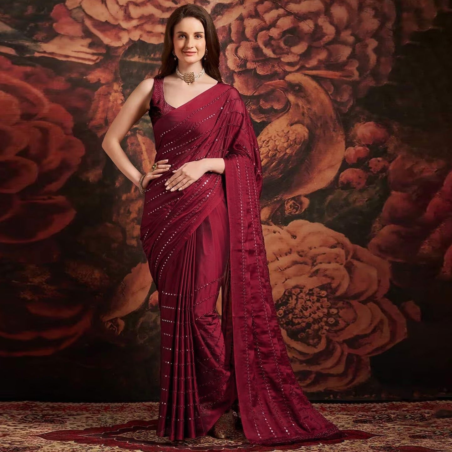 Maroon Embroidered Art Silk Saree