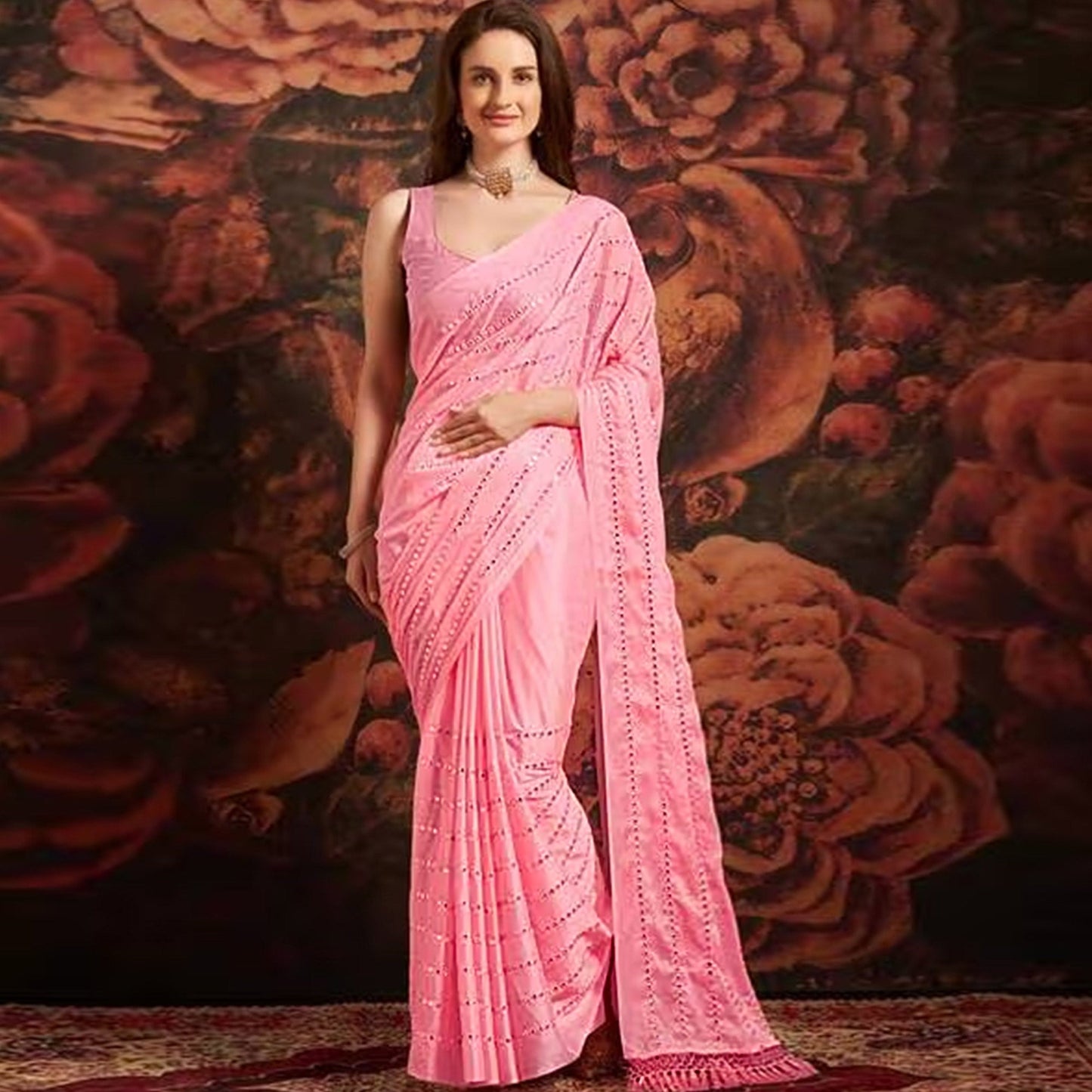 Pink Embroidered Art Silk Saree