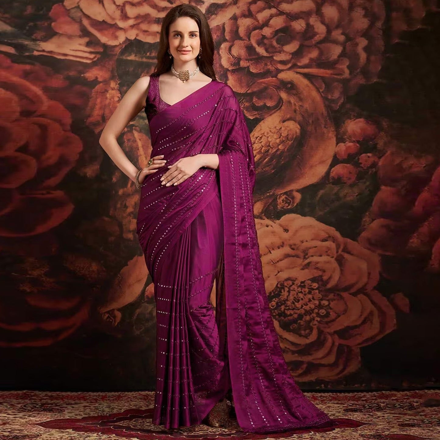 Wine Embroidered Art Silk Saree