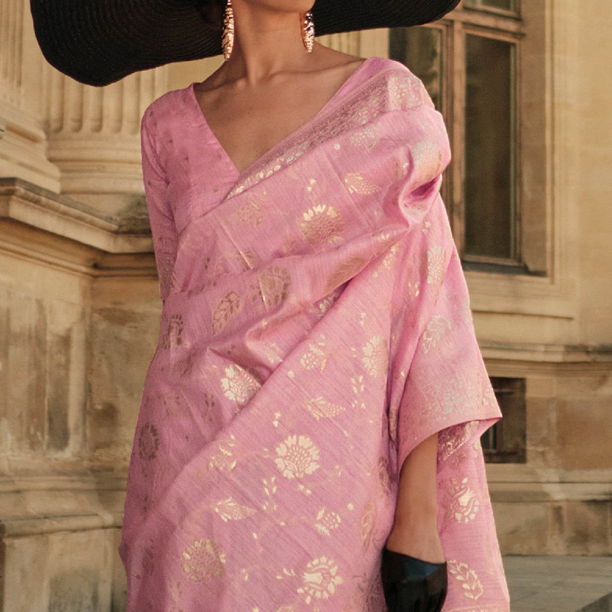 Pink Floral Woven Art Silk Saree With Tassels