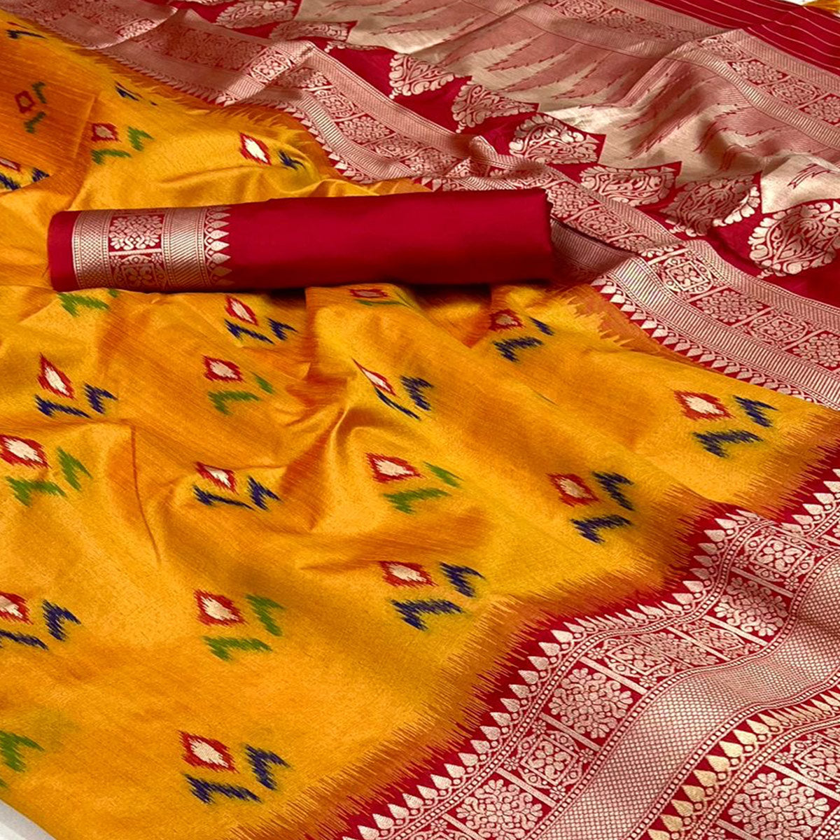 Mustard Ikkat Handwoven Art Silk Saree With Tassels