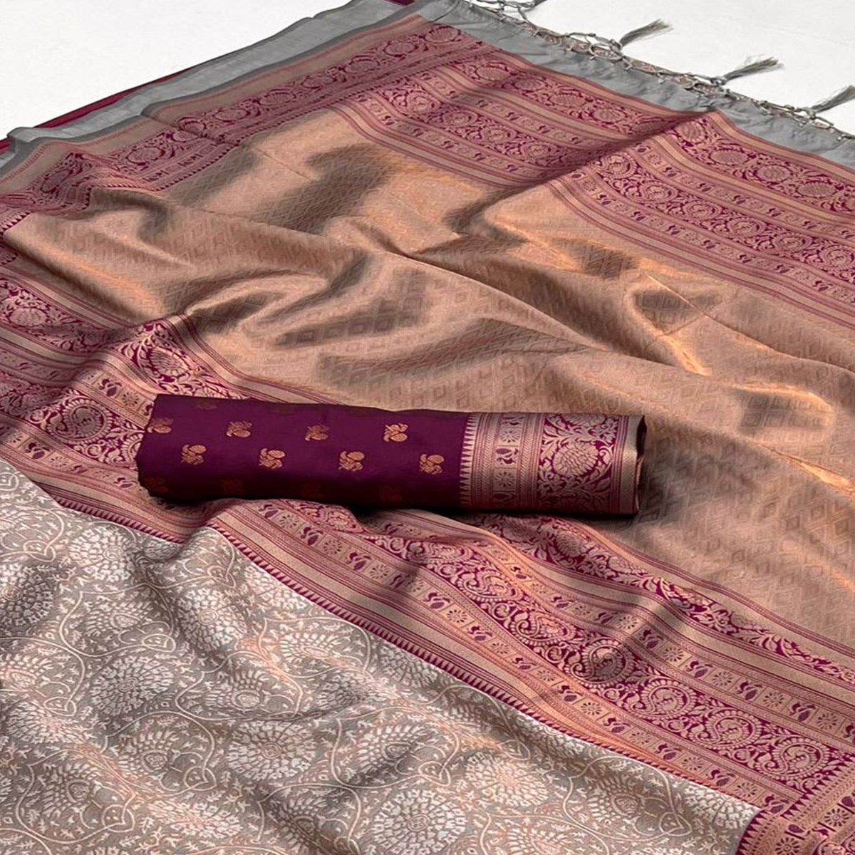 Grey Floral Woven Art Silk Saree With Tassels