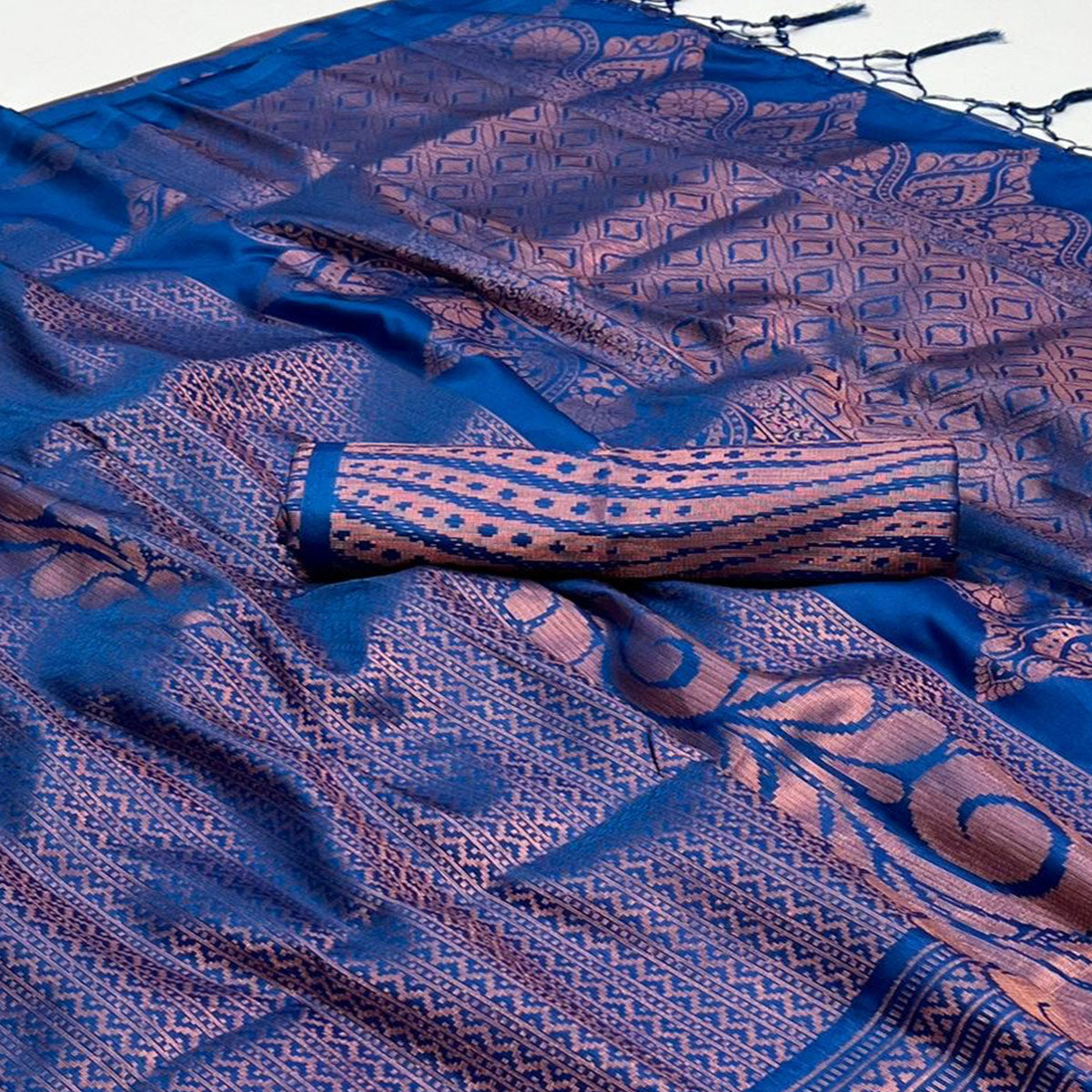 Royal Blue Woven Art Silk Saree With Tassels