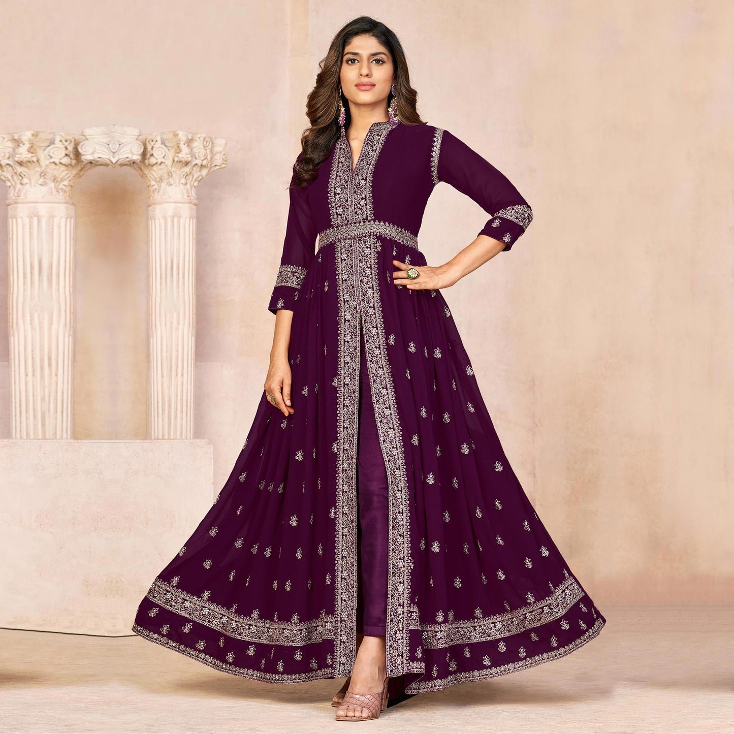 Purple Floral Embroidered Front Slit Semi Stitched Georgette Anarkali Suit