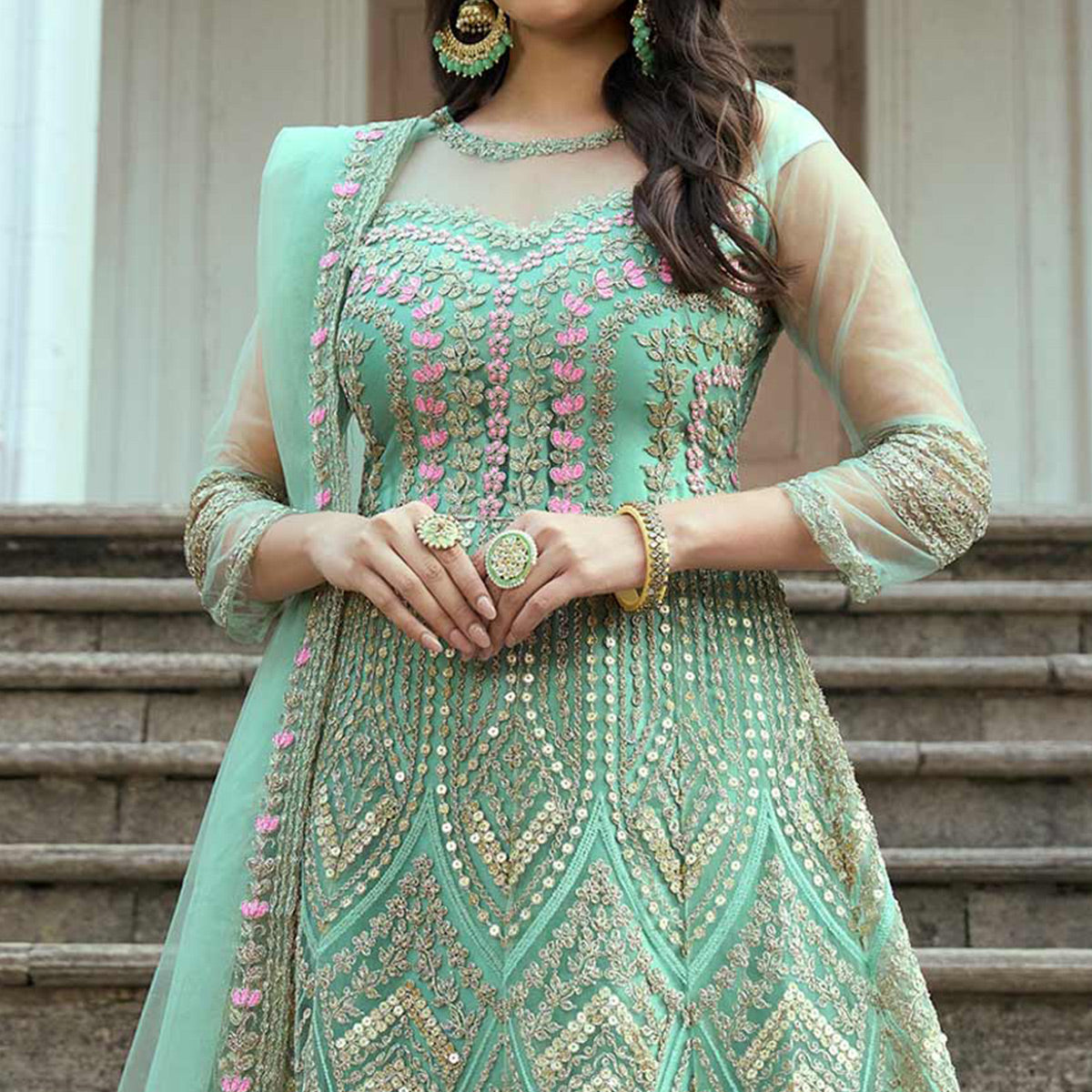 Turquoise Floral Sequins Embroidered Net Semi Stitched Anarkali Suit