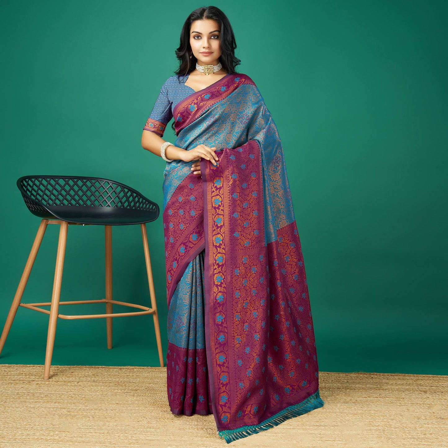 Blue Zari Woven Banarasi Silk Saree With Tassels