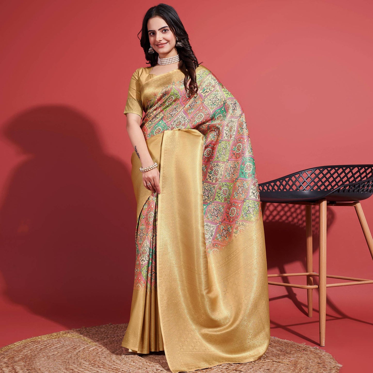 Gold Floral Digital Printed With Woven Border Banarasi Silk Saree