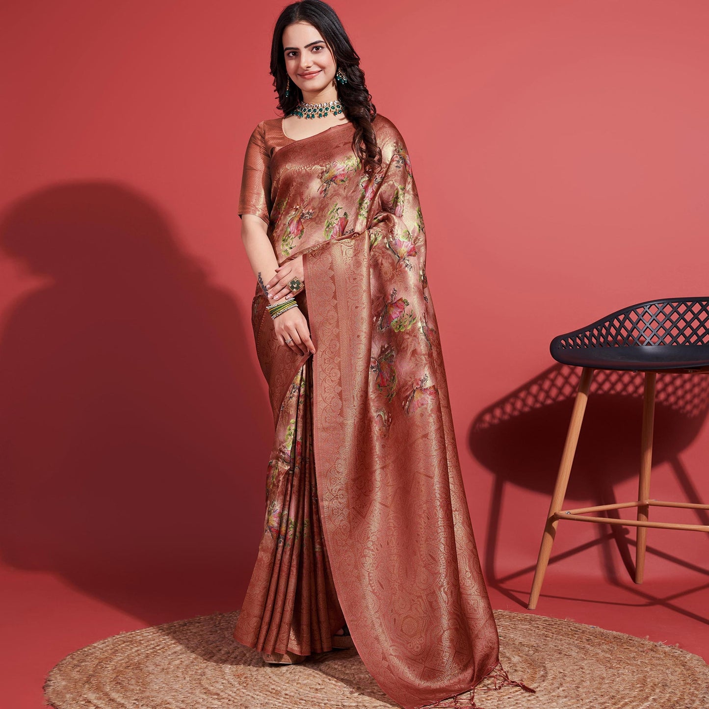 Brown Floral Digital Printed With Woven Border Banarasi Silk Saree