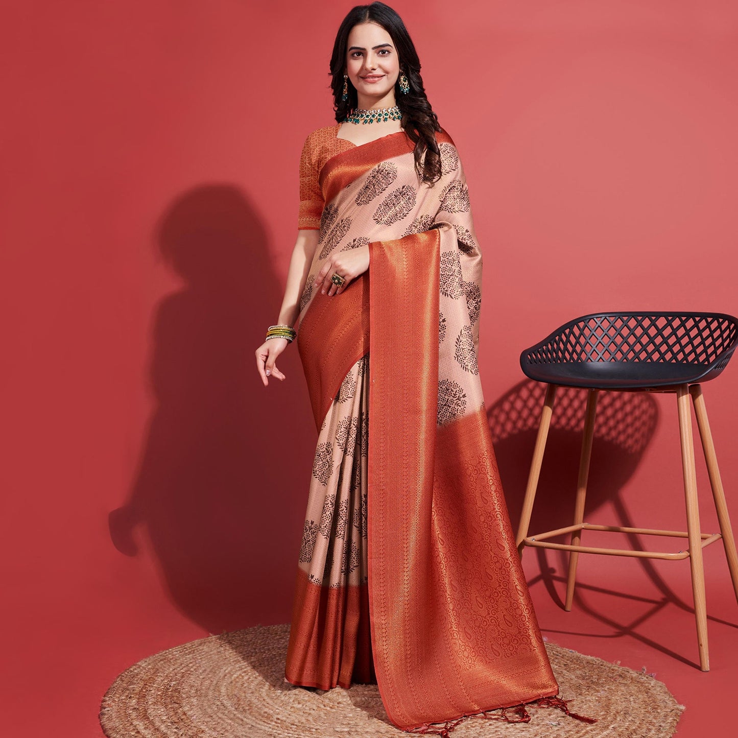 Rust & Beige Floral Digital Printed With Woven Banarasi Silk Saree