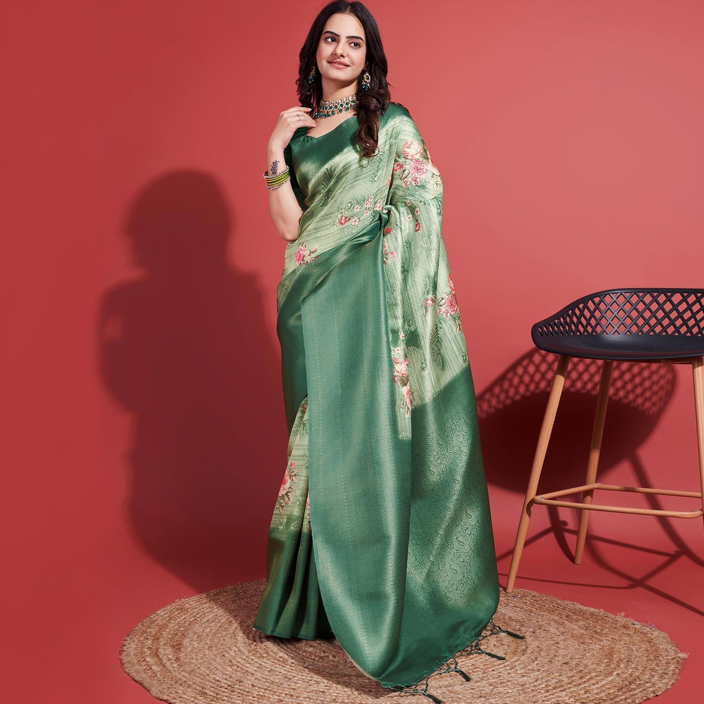 Rama Green Floral Digital Printed With Woven Banarasi Silk Saree